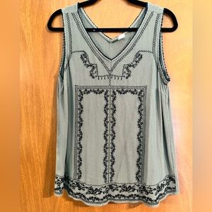 Olive green crepe sleeveless top with black embroidery detail